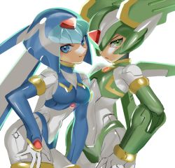 Rule 34 | 1boy, 1girl, adapted costume, android, bent over, blue eyes, bodysuit, breasts, capcom, green eyes, hand on own hip, sage harpuia (mega man), head tilt, helmet, fairy leviathan (mega man), looking at viewer, medium breasts, mega man (series), mega man zero (series), scccs2, simple background, smile, white background