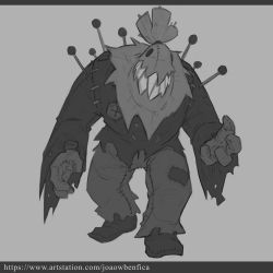 Rule 34 | absurdres, artist name, button eyes, buttons, copyright request, grey background, greyscale, highres, joaowbenfica, long sleeves, monochrome, open mouth, pants, scarecrow, shirt, shoes, simple background, torn clothes, torn shirt, watermark, web address