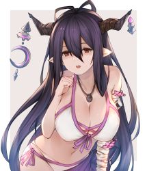 Rule 34 | 1girl, antenna hair, bandages, bandaged arm, bandages, breasts, cleavage, crescent, danua, draph, granblue fantasy, hair between eyes, horn ornament, horns, large breasts, leaning forward, long hair, looking at viewer, navel, open mouth, pointy ears, purple hair, red eyes, simple background, solo, thumb to mouth, very long hair, wuming