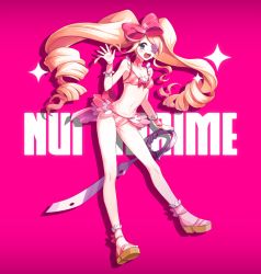 Rule 34 | 10s, 1girl, azure090, bikini, blonde hair, blue eyes, bow, character name, choker, drill hair, eyepatch, full body, hair bow, harime nui, kill la kill, long hair, open mouth, pink background, pink bikini, pink bow, sandals, scissor blade (kill la kill), smile, solo, spoilers, standing, striped bikini, striped clothes, swimsuit, sword, toes, twin drills, twintails, weapon, wrist cuffs