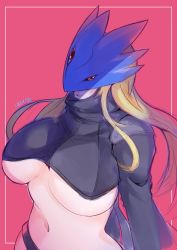 Rule 34 | 1girl, beelstarmon, blonde hair, breasts, digimon, highres, mask, red eyes, revealing clothes, solo, third eye, underboob