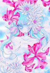 Rule 34 | 1girl, bare shoulders, blue eyes, blue hair, collarbone, colored eyelashes, contrast, eyelashes, fins, fish, flower, hair flower, hair ornament, head fins, koi, lipstick, makeup, matching hair/eyes, mermaid, miri, miri (tobira no mukou), monster girl, no nose, one eye covered, original, painting (medium), portrait, scales, smile, solo, traditional media, twintails, watercolor (medium)