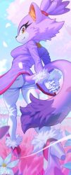 Rule 34 | 1girl, alternate colored grass, artist name, blaze the cat, facing another, flower, furry, furry female, gloves, high heels, highres, inuki (aruurara), jacket, looking at viewer, looking back, outdoors, pants, purple jacket, solo, sonic (series), watermark, white flower, white gloves, white pants