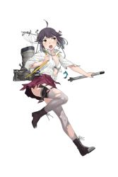 Rule 34 | 1girl, ahoge, black hair, blouse, boots, bow, bowtie, breasts, cleavage, cross-laced footwear, fujikawa, full body, grey thighhighs, hair ribbon, hayanami (kancolle), kantai collection, lace-up boots, leg ribbon, long hair, long sleeves, machinery, official art, panties, ponytail, ribbon, school uniform, shirt, side-tie panties, smokestack, solo, standing, standing on one leg, striped clothes, striped panties, thigh ribbon, thighhighs, torn clothes, transparent background, underwear, white shirt, yellow eyes
