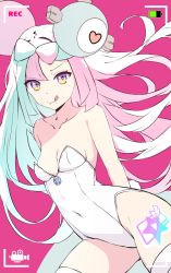 Rule 34 | 1girl, bad id, bad pixiv id, bare arms, bare shoulders, blue hair, bow-shaped hair, breasts, byakuya reki, cleavage, closed mouth, collarbone, commentary request, covered navel, creatures (company), fang, fang out, game freak, heart, heart-shaped pupils, highres, iono (pokemon), leotard, licking lips, long hair, looking at viewer, multicolored hair, nintendo, pink hair, pokemon, pokemon sv, purple background, recording, simple background, small breasts, solo, strapless, strapless leotard, symbol-shaped pupils, thighhighs, tongue, tongue out, two-tone hair, very long hair, viewfinder, white leotard, white thighhighs