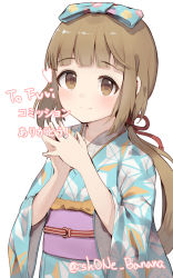 Rule 34 | 1girl, blunt bangs, brown eyes, character request, commentary, commission, idolmaster, japanese clothes, kimono, light blush, light brown hair, long hair, looking at viewer, low ponytail, obi, sash, shone, simple background, smile, solo, split mouth, steepled fingers, twitter username, upper body, white background, wide sleeves, yorita yoshino