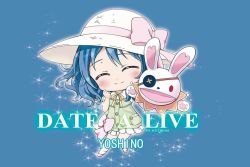 Rule 34 | 10s, 1girl, animal ears, artist name, bad id, bad pixiv id, blue hair, blush, rabbit, rabbit ears, character name, chibi, copyright name, date a live, english text, eyepatch, closed eyes, hand puppet, ice cream-p, open mouth, puppet, smile, solo, stuffed animal, stuffed rabbit, stuffed toy, yoshino (date a live), yoshinon