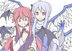 Rule 34 | 2girls, :d, ahoge, alternate eye color, angel and devil, angel wings, arm up, armband, bad id, bad pixiv id, bat wings, blue skin, blue wings, bright pupils, clenched teeth, colored skin, dress shirt, feathered wings, hand on another&#039;s shoulder, hand on own chest, head wings, kenuu (kenny), koakuma, long hair, looking at viewer, multicolored wings, multiple girls, multiple wings, necktie, open mouth, purple eyes, red eyes, red hair, sariel (touhou), scared, shirt, sidelocks, silver hair, simple background, smile, tears, teeth, touhou, touhou (pc-98), trembling, vest, white background, white pupils, white shirt, white wings, wings