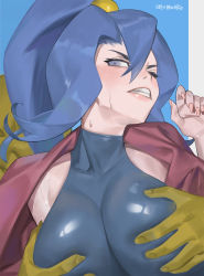 Rule 34 | 1girl, blue background, blue eyes, blue hair, blush, bodysuit, border, breasts, breasts squeezed together, clair (pokemon), clenched teeth, creatures (company), game freak, gen 1 pokemon, grabbing, groping, hands up, hat, highres, hypno, looking down, molestation, nintendo, one eye closed, oreomanko, pokemon, pokemon (creature), pokemon gsc, sweat, teeth, white border
