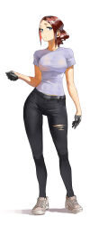 Rule 34 | 1girl, absurdres, belt, black gloves, black pants, blue eyes, breasts, brown hair, clenched hand, closed mouth, full body, gloves, grey belt, half gloves, highres, looking to the side, medium breasts, original, pants, shirt, shoes, short sleeves, sidelocks, simple background, skin tight, sneakers, solo, standing, tbocart, torn clothes, torn pants, white background, white shirt