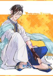 Rule 34 | 1boy, :d, black footwear, black hair, blue pants, blue shawl, border, brown gloves, character name, eyewear strap, fate/grand order, fate (series), flats, frilled shirt collar, frills, fringe trim, full body, glasses, gloves, hair ornament, hair over one eye, hair pulled back, highres, indian style, looking at viewer, male focus, official alternate costume, open mouth, orange background, outside border, paint on body, paint on clothes, paint splatter, paint splatter on face, pants, partially fingerless gloves, purple eyes, robe, shawl, short hair, sitting, sleeves rolled up, smile, solo, splatter background, swept bangs, tassel, tassel hair ornament, teeth, umu (um), upper teeth only, white border, white robe, yamanami keisuke (event portrait) (fate), yamanami keisuke (fate), yellow background