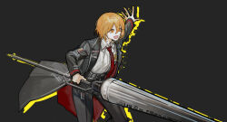 Rule 34 | 1girl, black pants, black vest, blonde hair, collared shirt, don quixote (project moon), hair between eyes, highres, holding, holding polearm, holding weapon, lance, limbus company, long sleeves, nishikujic, open mouth, pants, polearm, project moon, shirt, sidelocks, smile, solo, vest, weapon, white shirt, wing collar, yellow eyes