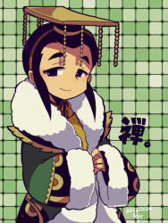 Rule 34 | 1boy, black eyes, black hair, chinese clothes, coat, fur-trimmed coat, fur trim, green background, guan hat, kotorai, liu shan, long sleeves, looking at viewer, male focus, no nose, shin sangoku musou, short hair, smile, solo, thick eyebrows, translation request, wide sleeves