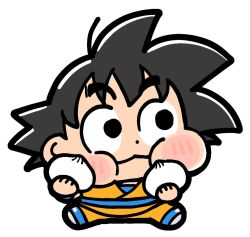 1boy bkub black_eyes black_hair blush chibi dougi dragon_ball eating food orange_pants orange_shirt pants shirt simple_background sitting solo son_goku spiked_hair white_background