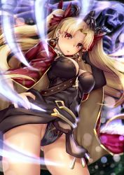 Rule 34 | 1boy, 1girl, absurdres, armadillo-tokage, bad id, bad twitter id, between breasts, black panties, blonde hair, blush, breasts, cape, cleavage, earrings, ereshkigal (fate), fate/grand order, fate (series), gold trim, groin, hair ribbon, highres, jewelry, long hair, looking at viewer, panties, red cape, red eyes, red ribbon, ribbon, solo focus, tiara, tohsaka rin, twintails, underwear, wind