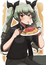 Rule 34 | 1girl, anchovy (girls und panzer), anzio military uniform, artist logo, artist name, belt, black belt, black necktie, black ribbon, black shirt, brown eyes, commentary, dress shirt, drill hair, eating, food, food on face, fork, gabuillust, girls und panzer, green hair, grey pants, hair ribbon, highres, holding, holding fork, holding plate, italian commentary, long hair, long sleeves, looking at viewer, military uniform, necktie, pants, pasta, plate, ribbon, shirt, sitting, sleeves rolled up, solo, spaghetti, twin drills, twintails, uniform, wing collar