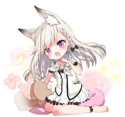 Rule 34 | 1girl, nanashi inc., :d, animal ear fluff, animal ears, animare, bare arms, bare shoulders, barefoot, black bow, bow, braid, chibi, commentary request, dress, fang, floral background, flower, full body, hair bow, hand up, highres, long hair, open mouth, paw pose, pink flower, pink rose, purple eyes, rose, sawa (sawasaku), shiromiya mimi, silver hair, sleeveless, sleeveless dress, smile, solo, virtual youtuber, white background, white dress