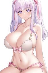 Rule 34 | 1girl, asamura hiori, azur lane, bikini, breasts, cleavage, closed mouth, collarbone, hair ribbon, highres, huge breasts, looking at viewer, navel, official alternate costume, pink ribbon, plymouth (azur lane), plymouth (heart-throbbing refreshment) (azur lane), purple eyes, purple hair, ribbon, simple background, smile, solo, stomach, swimsuit, twintails, white background