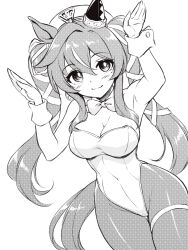 Rule 34 | 1girl, animal ears, armpits, bare shoulders, bow, bowtie, breasts, cleavage, closed mouth, commentary, covered navel, cowboy shot, detached collar, ear covers, greyscale, hair between eyes, hat, highleg, highleg leotard, highres, horse ears, horse girl, horse tail, large breasts, leotard, long hair, looking at viewer, monochrome, multicolored hair, nontraditional playboy bunny, pantyhose, pataneet, rabbit pose, single ear cover, smile, solo, strapless, strapless leotard, streaked hair, tail, thigh strap, twintails, umamusume, vivlos (umamusume), wrist cuffs