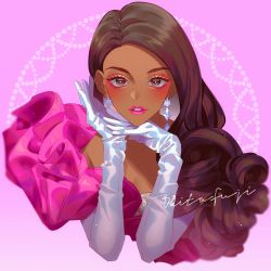 Rule 34 | 1girl, barbie (franchise), bow, brown eyes, brown hair, curly hair, dark-skinned female, dark skin, doll, dress, earrings, evening gown, eyeshadow, formal, frilled sleeves, frills, gloves, hand on own chin, head rest, highres, jewelry, long hair, makeup, okitafuji, pink bow, pink dress, pink lips, satin gloves, silver gloves, solo, toy