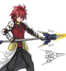 Rule 34 | 00s, 1boy, adapted costume, alternate weapon, androgynous, armor, blue eyes, erio mondial, gauntlets, hair ornament, lyrical nanoha, mahou shoujo lyrical nanoha strikers, male focus, aged up, pants, red hair, shirogane (fox), solo, strada, weapon