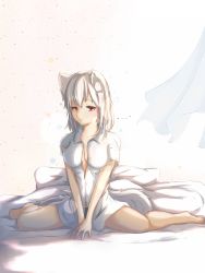 Rule 34 | 1girl, animal ears, barefoot, bed, breasts, cleavage, collarbone, guy963852, highres, inubashiri momiji, looking at viewer, momijimomiji, open clothes, open shirt, red eyes, shirt, short hair, silver hair, sitting, solo, tail, touhou, wolf ears, wolf tail