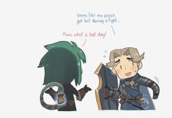 Rule 34 | 1boy, 1girl, :d, armor, bag, blue cape, cape, cecile (porforever), chameleon tail, chibi, commentary, english text, green hair, grey hair, hair intakes, handbag, open mouth, original, porforever, shield, short hair, simple background, smile, sweatdrop, symbol-only commentary, tail, theft, white background