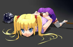 Rule 34 | 1girl, alternate hair color, arms behind back, bandages, barefoot, bdsm, blonde hair, blue eyes, bondage, bound, bound wrists, colorized, flower, golf club, hair flower, hair in own mouth, hair ornament, highres, imminent rape, kooh, long hair, mace, mouth hold, pangya, rape, rope, rose, skirt, solo, spiked mace, spikes, tears, top-down bottom-up, torn clothes, tosikage, twintails