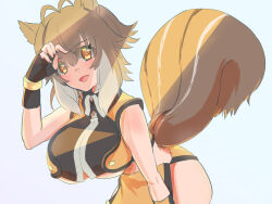 1girl animal_ears blazblue breasts brown_eyes brown_hair crop_top fingerless_gloves gloves large_breasts looking_at_viewer makoto_nanaya microskirt short_hair skirt sleeveless squirrel_ears squirrel_tail tail underbust white_background zone_rr