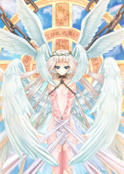 Rule 34 | angel, blue eyes, chain, cross, head wings, head wreath, long hair, multiple wings, nekou izuru, see-through, seraph, solo, wings