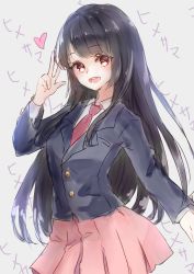 Rule 34 | 1girl, black hair, black jacket, breasts, brown eyes, buttons, collar, collared jacket, collared shirt, cosplay, grey background, hand up, heart, highres, houraisan kaguya, jacket, long hair, long sleeves, looking at viewer, medium breasts, necktie, open mouth, pink skirt, red necktie, reisen udongein inaba, reisen udongein inaba (cosplay), shironeko yuuki, shirt, simple background, sketch, skirt, smile, solo, standing, teeth, tongue, touhou, white shirt