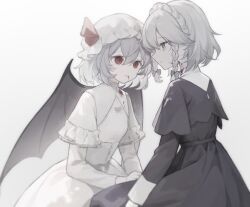 Rule 34 | 2girls, bat wings, black dress, black wings, blood, blood on clothes, blood on face, braid, closed mouth, dress, grey eyes, grey hair, hair between eyes, hat, highres, izayoi sakuya, juliet sleeves, long sleeves, maid, maid headdress, mob cap, multiple girls, open mouth, puffy sleeves, rcs 4, red eyes, remilia scarlet, short hair, short sleeves, simple background, smile, touhou, twin braids, white background, white dress, white headwear, wings