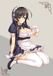 Rule 34 | 10s, 1girl, absurdres, ahoge, alternate costume, ankle strap, apron, black bow, black bowtie, black dress, black eyes, black footwear, black hair, bow, bowtie, breasts, cleavage, cleavage cutout, closed mouth, clothing cutout, commentary request, dress, enmaided, frilled dress, frills, girls und panzer, gloves, grey background, high heels, highres, icomochi, isuzu hana, light smile, long hair, looking at another, maid, medium breasts, puffy short sleeves, puffy sleeves, shoes, short dress, short sleeves, sitting, solo, strappy heels, thighhighs, waist apron, wariza, white apron, white gloves, white thighhighs
