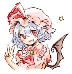 Rule 34 | 1girl, bat wings, blue hair, bow, fang, hat, looking at viewer, maru usagi, mob cap, open mouth, red eyes, remilia scarlet, ribbon, short hair, smile, solo, star (symbol), touhou, upper body, v, white background, wings