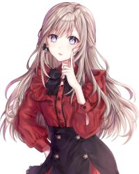 Rule 34 | 1girl, black bow, black skirt, blonde hair, blue eyes, bow, buttons, cowboy shot, dress, finger to cheek, gok (gok 99), hand on own hip, highres, long hair, long sleeves, original, red dress, simple background, skirt, solo, tongue, tongue out, white background