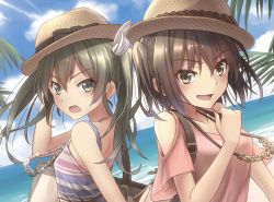 Rule 34 | 10s, 2girls, annoyed, bag, bare arms, beach, blue sky, brown eyes, brown hair, casual, clothing cutout, cloud, cloudy sky, day, from side, green eyes, green hair, hair between eyes, hat, jewelry, kantai collection, light rays, looking at viewer, morigami (morigami no yashiro), multiple girls, necklace, ocean, open mouth, outdoors, sendai (kancolle), shoulder bag, shoulder cutout, sky, sleeveless, smile, straw hat, tank top, twintails, two side up, upper body, water, zuikaku (kancolle)