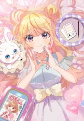 Rule 34 | absurdres, balloon, bare shoulders, blonde hair, closed mouth, heart, highres, hutaba haru, jewelry, long hair, magazine (object), necklace, notebook, original, pencil, purple eyes, rabbit, smile, water
