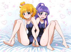 Rule 34 | 2girls, asahina mirai, back-to-back, barefoot, bed sheet, blonde hair, blue one-piece swimsuit, blunt bangs, blush, border, bow, braid, closed mouth, commentary request, competition school swimsuit, frown, hair bow, hair ornament, heart, holding hands, interlocked fingers, izayoi liko, light particles, locked arms, long hair, looking at viewer, mahou girls precure!, multiple girls, nakahira guy, on bed, one-piece swimsuit, one side up, open mouth, partial commentary, pink border, pink eyes, ponytail, precure, purple eyes, purple hair, school swimsuit, short hair, sitting, smile, star (symbol), swimsuit, thighs, yuri