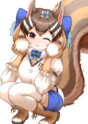 Rule 34 | 1girl, :3, boots, bow, brown eyes, brown hair, chipmunk (kemono friends), chipmunk ears, chipmunk girl, chipmunk tail, cosplay, cross-laced footwear, ev (kemomimizuku), fur-trimmed thighhighs, fur trim, hair bow, highres, kemono friends, kemono friends v project, lace-up boots, looking at viewer, one eye closed, short hair, shorts, siberian chipmunk (kemono friends), siberian chipmunk (kemono friends) (cosplay), solo, squatting, thighhighs, virtual youtuber