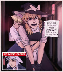 Rule 34 | 3girls, alice margatroid, apron, black gloves, blonde hair, bow, braid, brown eyes, buck teeth, cape, cincidious, commentary, english commentary, english text, gloves, hair bow, hairband, hat, highres, hug, hug from behind, kirisame marisa, live tucker reaction (meme), meme, multiple girls, necktie, open mouth, pink hairband, purple hair, red eyes, red necktie, reisen udongein inaba, side braid, skirt, skirt set, sweat, teeth, touhou, waist apron, white cape, witch hat
