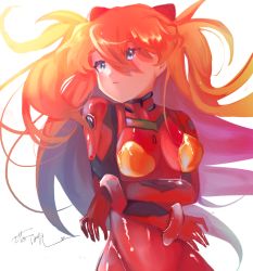 Rule 34 | 1girl, artist request, bodysuit, breasts, brown hair, floating hair, hair between eyes, hair ornament, long hair, looking to the side, neon genesis evangelion, pilot suit, plugsuit, red bodysuit, shiny clothes, shiny skin, simple background, skin tight, solo, souryuu asuka langley, two side up, very long hair, white background, wide hips