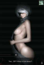 Rule 34 | 1girl, alternate costume, artist name, back, backless dress, backless outfit, black background, blindfold, breasts, covered eyes, cowboy shot, dress, english text, from side, halterneck, limgae, lips, meme attire, mole, mole under mouth, nier:automata, nier (series), no bra, no panties, patreon, short hair, sideboob, simple background, solo, virgin killer sweater, watermark, web address, white hair, 2b (nier:automata)
