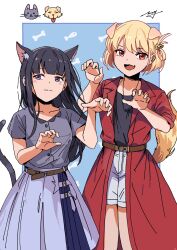Rule 34 | 2girls, animal ear fluff, animal ears, black hair, black shirt, blonde hair, blue background, blue skirt, blunt bangs, border, cat ears, cat girl, cat tail, coat, collarbone, commentary, dog ears, dog girl, dog tail, english commentary, fang, feet out of frame, floating hair, grey shirt, hair between eyes, hair ornament, hairclip, highres, inoue takina, jewelry, kemonomimi mode, long hair, looking at viewer, lycoris recoil, multiple girls, necklace, nguyen huy, nishikigi chisato, one side up, open clothes, open coat, open mouth, paw pose, pleated skirt, purple eyes, red coat, red eyes, shadow, shirt, short hair, short sleeves, shorts, sidelocks, skin fang, skirt, tail, two-tone skirt, wavy mouth, white border, white shorts
