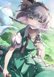Rule 34 | 1girl, black hairband, black ribbon, breasts, buttons, cloud, collarbone, collared shirt, commentary, floating hair, frilled skirt, frills, grass, green eyes, green skirt, green vest, hair ribbon, hairband, highres, holding, holding sword, holding weapon, konpaku youmu, konpaku youmu (ghost), looking at viewer, medium breasts, medium hair, nanop38, neck ribbon, outdoors, petals, puffy short sleeves, puffy sleeves, ribbon, shirt, short sleeves, skirt, skirt set, sky, solo, sword, touhou, undone neck ribbon, upper body, vest, weapon, white hair, white shirt