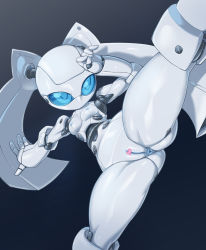 Rule 34 | 1girl, android, anus, black background, blue eyes, blue sclera, breasts, censored, cleft of venus, colored sclera, colored skin, drossel von flugel, fireball (series), hand up, heart, heart censor, nipples, outstretched arms, pochincoff, pussy, robot, small breasts, solo, split, spread arms, spread legs, standing, standing on one leg, standing split, twintails, white hair, white skin