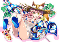 Rule 34 | 10s, 1girl, animal ears, bikini, blue bikini, breasts, ears through headwear, fang, fate/extra, fate/grand order, fate (series), fox ears, fox tail, fujima takuya, hat, innertube, large breasts, legs up, long hair, looking at viewer, lying, open mouth, pink hair, see-through, shirt, solo, swim ring, swimsuit, tail, tamamo (fate), tamamo no mae (fate/extra), tamamo no mae (swimsuit lancer) (fate), tamamo no mae (swimsuit lancer) (second ascension) (fate), wet, wet clothes, wet shirt, yellow eyes