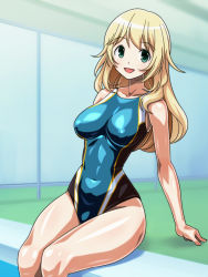 Rule 34 | 10s, 1girl, atago (kancolle), blonde hair, competition swimsuit, green eyes, kantai collection, long hair, monteriakitto, one-piece swimsuit, sitting, solo, swimsuit