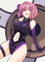 Rule 34 | 1girl, :d, arm up, bare shoulders, black leotard, blush, breasts, clothing cutout, dutch angle, elbow gloves, fate/grand order, fate (series), gloves, grey background, holding, holding shield, impossible clothes, impossible leotard, large breasts, leotard, looking at viewer, mash kyrielight, navel, navel cutout, open mouth, oversized object, pink hair, purple eyes, purple gloves, purple leotard, reibun (raven1119), shield, short hair, simple background, skindentation, smile, solo, teeth, thigh strap, thighs, upper teeth only