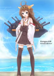 Rule 34 | 10s, 1girl, 53c, ahoge, bare shoulders, brown hair, cloud, day, detached sleeves, double bun, hair ornament, hairband, headgear, japanese clothes, kantai collection, kongou (kancolle), long hair, nontraditional miko, open mouth, personification, ray-en, rei-en, skirt, sky, solo, thighhighs, zettai ryouiki