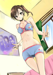 Rule 34 | 1girl, bare shoulders, bed, bedroom, blush, body blush, bra, brown eyes, brown hair, cameltoe, curtains, double v, dutch angle, from below, futami mami, idolmaster, idolmaster (classic), indoors, light smile, midriff, navel, panties, poster (medium), poster (object), short hair, side ponytail, solo, thigh gap, underwear, underwear only, v, wasavips, window